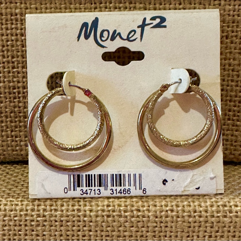 NWT Monet 2 Earrings- Vintage.  Gold tone double hoops w/ surgical steel earwire